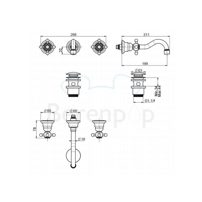 Fima Carlo Frattini Elizabeth F5081L5SN 3-hole wall mounted basin mixer 2 handle spout 20cm brushed nickel