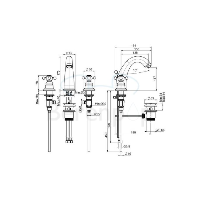Fima Carlo Frattini Elizabeth F5101BR 3-gats wastafelkraan 2-greeps brons