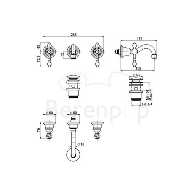 Fima Carlo Frattini Epoque F50515CR 3-hole wall mounted basin mixer 2 handle spout 16cm chrome