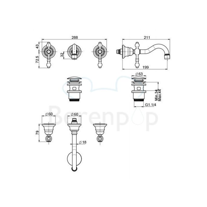 Fima Carlo Frattini Epoque F5051L5CR 3-gats wandwastafelkraan 2-greeps uitloop 20cm chroom
