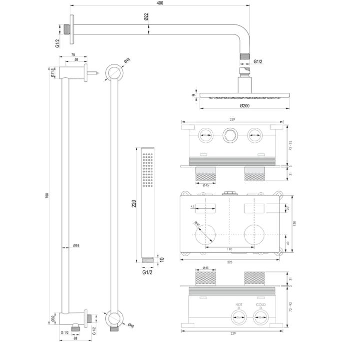Brauer Carving 5-CE-198 thermostatische inbouw regendouche met drukknoppen SET 63 chroom
