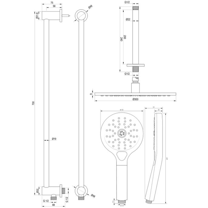 Brauer Carving 5-GG-207 thermostatische inbouw regendouche met drukknoppen SET 72 goud geborsteld PVD