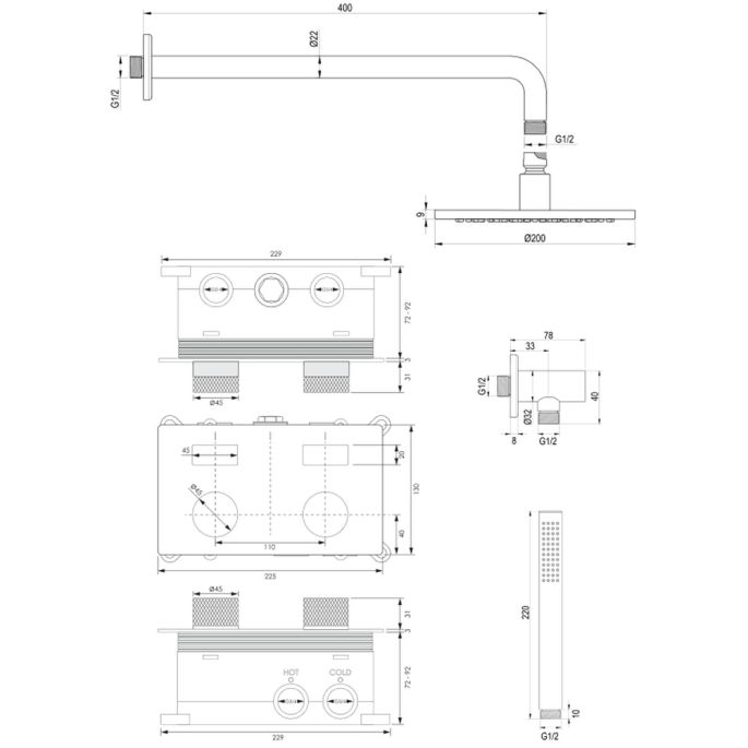 Brauer Carving 5-GK-186 thermostatische inbouw regendouche met drukknoppen SET 51 koper geborsteld PVD