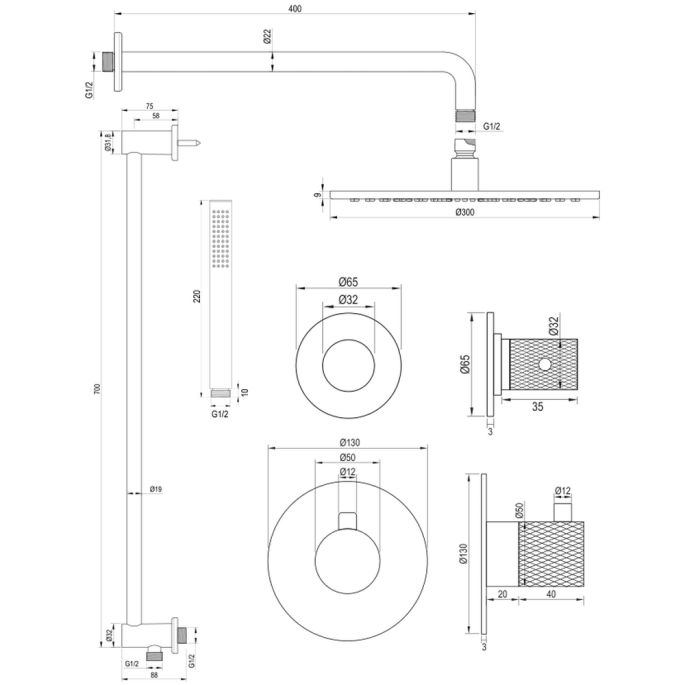 Brauer Carving 5-GM-112 thermostatische inbouw regendouche SET 16 gunmetal geborsteld PVD