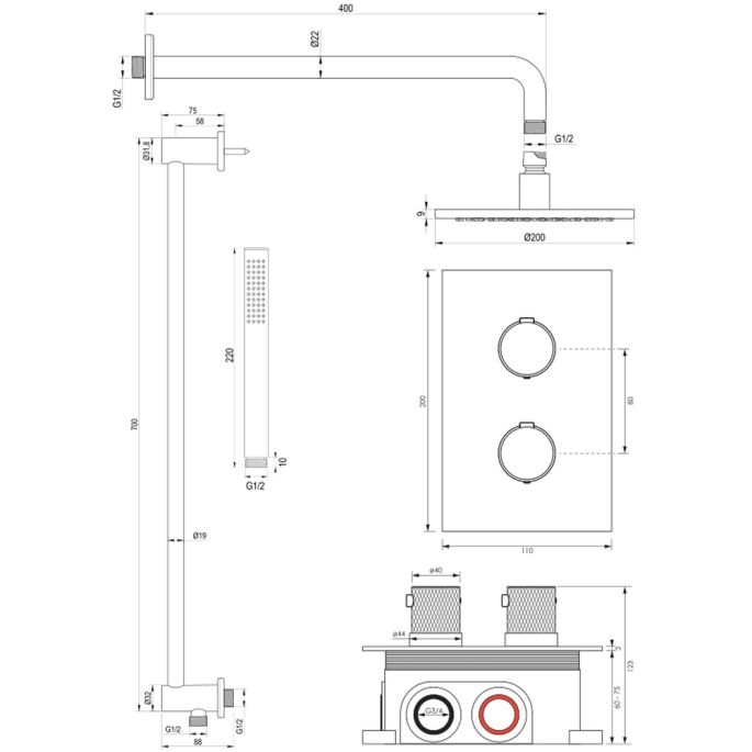 Brauer Carving 5-NG-135 thermostatic concealed rain shower 3-way diverter SET 39 stainless steel brushed PVD