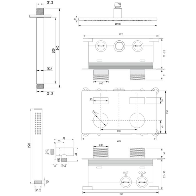 Brauer Carving 5-NG-189 thermostatische Unterputz-Regenbrause mit Drucktasten SET 54 Edelstahl gebürstet PVD