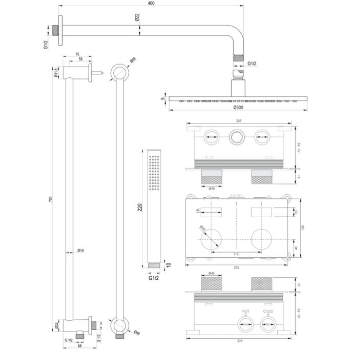 Brauer Carving 5-NG-199 thermostatische inbouw regendouche met drukknoppen SET 64 RVS geborsteld PVD
