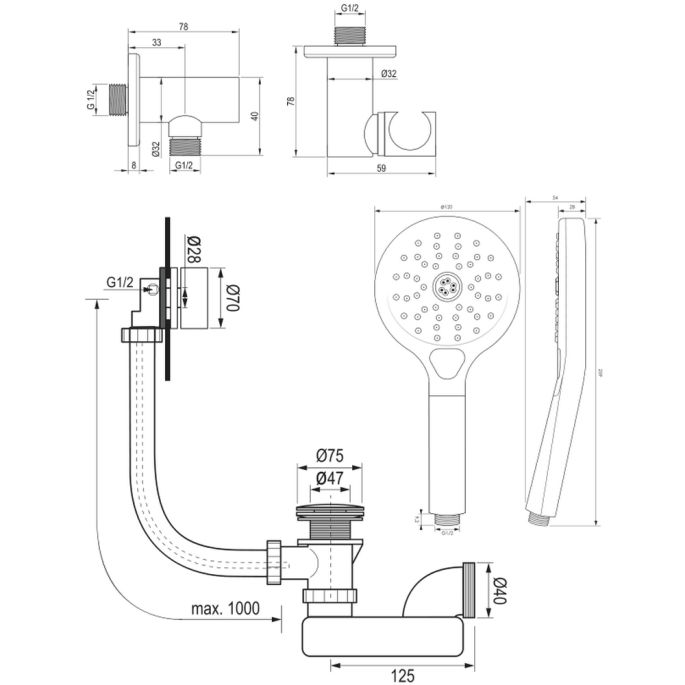 Brauer Carving 5-NG-213 thermostatische Unterputzdose Badewannenarmatur mit Drucktasten SET 04 Edelstahl gebürstet PVD