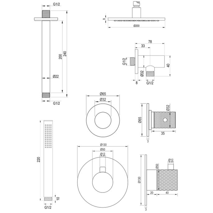 Brauer Carving 5-S-101 thermostatische inbouw regendouche SET 05 mat zwart