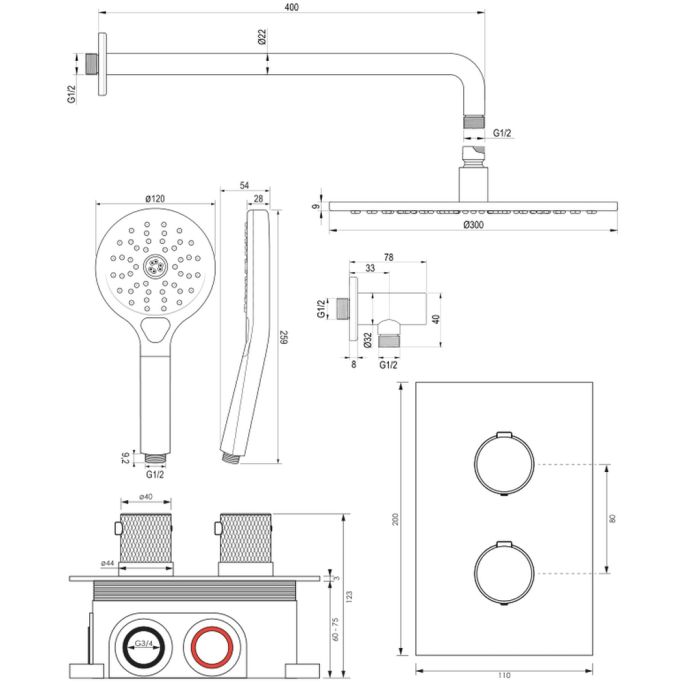 Brauer Carving 5-S-130 thermostatische inbouw regendouche 3-weg omstelling SET 34 mat zwart