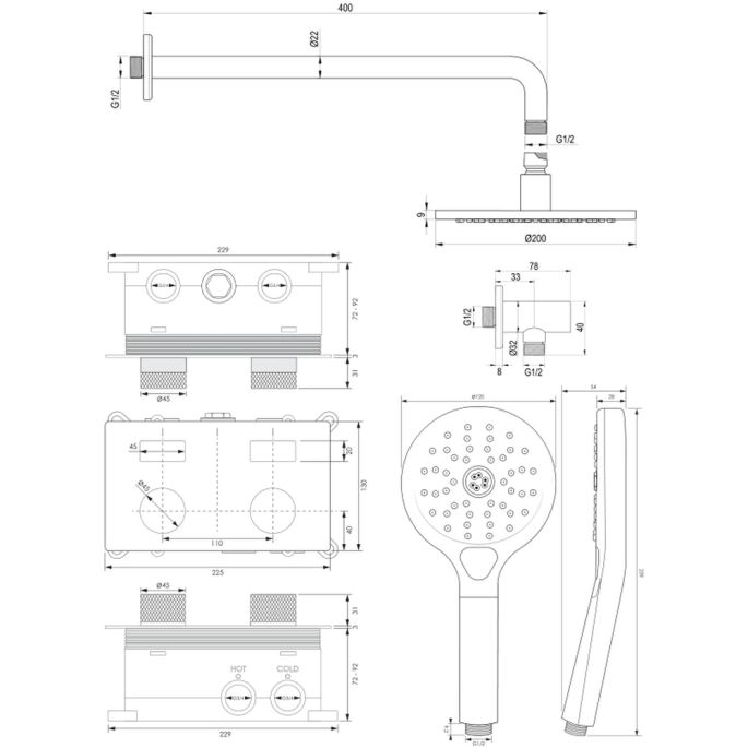 Brauer Carving 5-S-192 thermostatische Unterputz-Regenbrause mit Drucktasten SET 57 mattschwarz