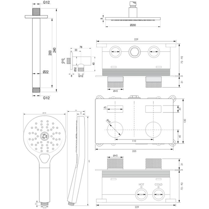 Brauer Carving 5-S-194 thermostatische inbouw regendouche met drukknoppen SET 59 mat zwart