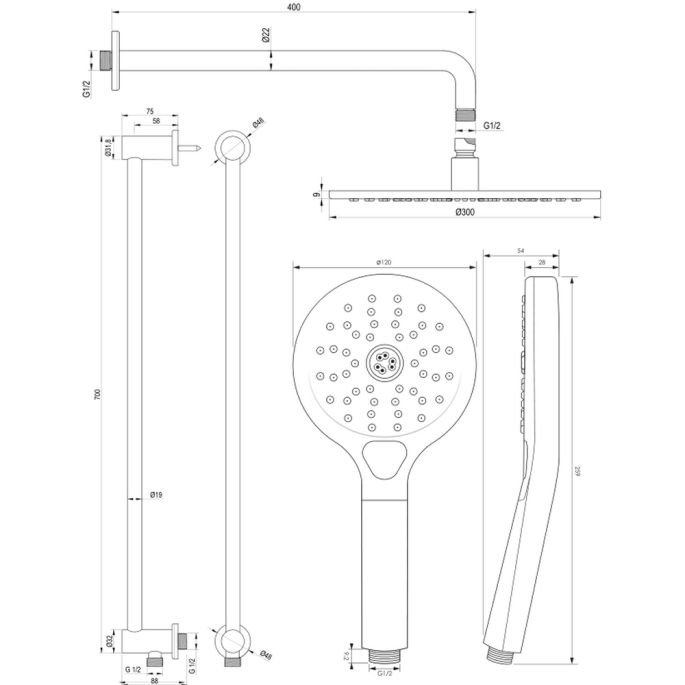 Brauer Carving 5-S-205 thermostatische Unterputz-Regenbrause mit Drucktasten SET 70 mattschwarz