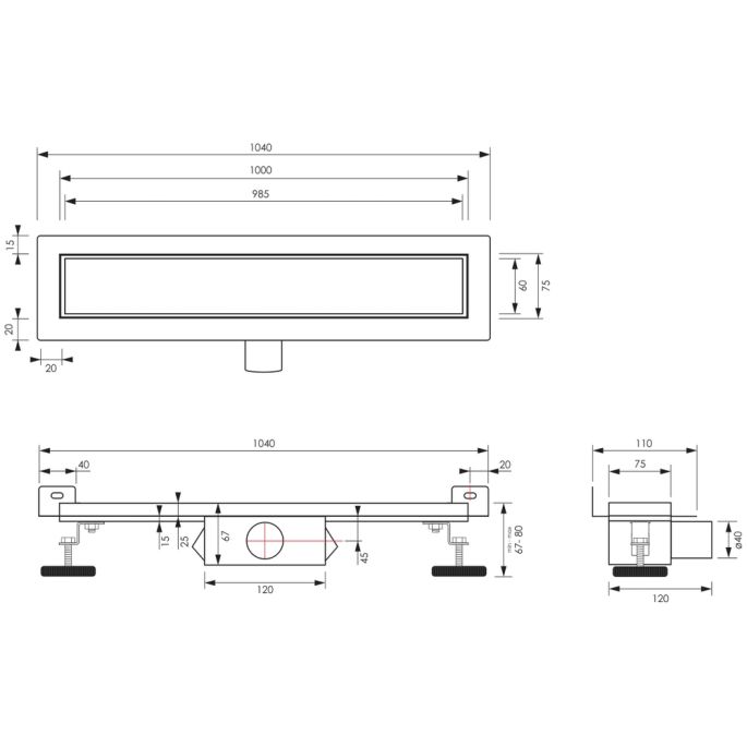 Brauer DR-MRFW100GK douchegoot met multifunctioneel rooster en flens voor wandmontage 7 x 100cm koper geborsteld PVD