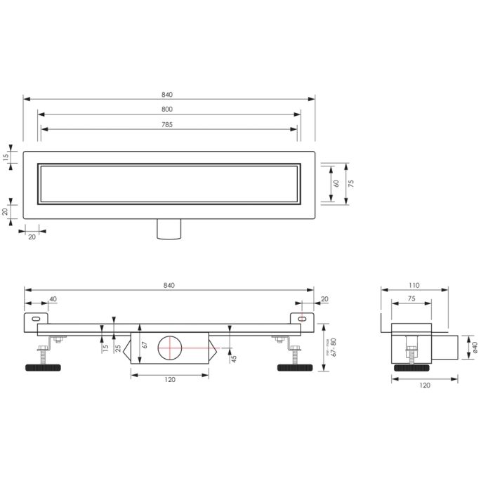Brauer DR-MRFW80GM douchegoot met multifunctioneel rooster en flens voor wandmontage 7 x 80cm gunmetal geborsteld PVD