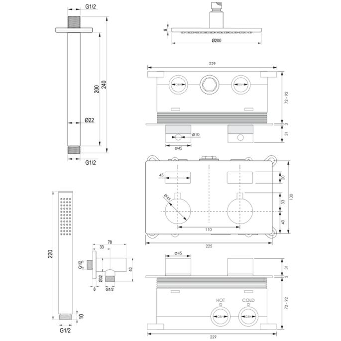 Brauer Edition 5-GK-164 thermostatische inbouw regendouche met drukknoppen SET 53 koper geborsteld PVD