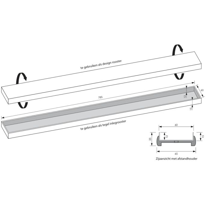 Brauer DR-MRFW80GM douchegoot met multifunctioneel rooster en flens voor wandmontage 7 x 80cm gunmetal geborsteld PVD