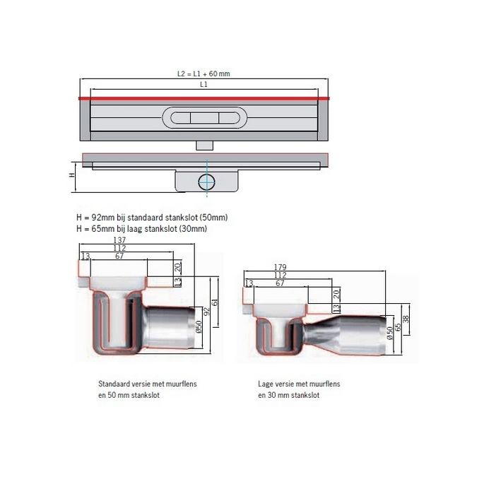ACO ShowerDrain C 408758 douchegoot met muurflens 78,5cm zijuitloop