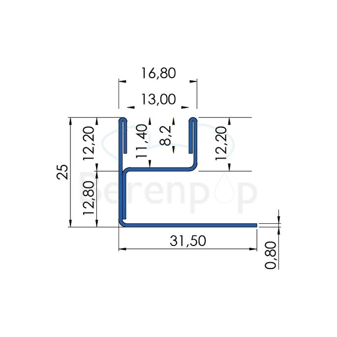 Blanke Aqua Glas 2042840210 glasprofiel 2100x25x12mm RVS verchroomd