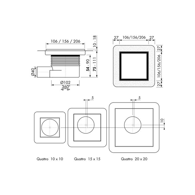 Easy Drain Aqua Plus Quattro Tile AQUA+20X20MSI6T shower drain 20x20cm side spout