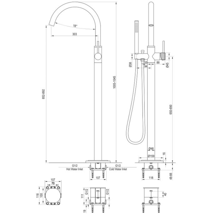 Brauer Carving 5-GK-084-1 vrijstaande badmengkraan SET 01 koper geborsteld PVD