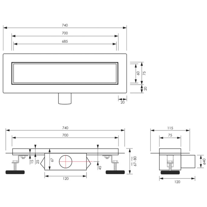 Brauer DR-MRF70GK douchegoot met multifunctioneel rooster en flens 7 x 70cm koper geborsteld PVD