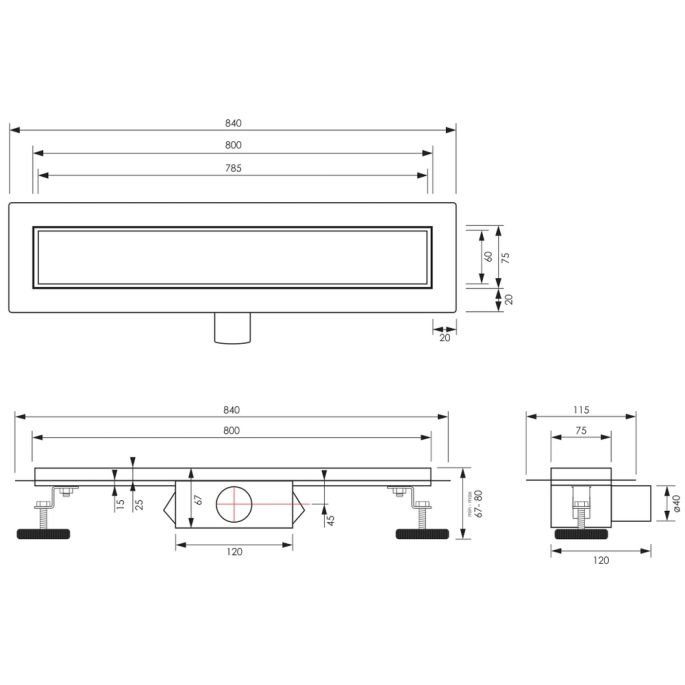 Brauer DR-MRF80NG douchegoot met multifunctioneel rooster en flens 7 x 80cm RVS geborsteld
