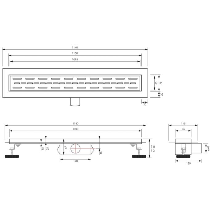 Brauer DR-SRF110NG douchegoot met standaard rooster en flens 7 x 110cm RVS geborsteld