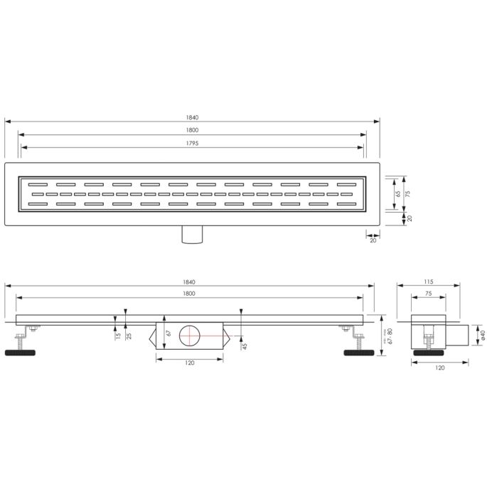 Brauer DR-SRF180S shower drain with standard grating and flange 7 x 180cm matt black