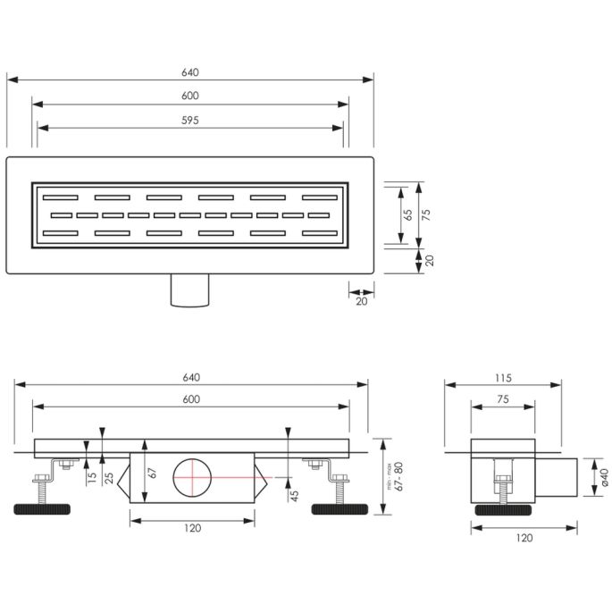 Brauer DR-SRF60S douchegoot met standaard rooster en flens 7 x 60cm mat zwart