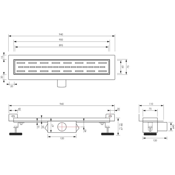 Brauer DR-SRFW90S Duschrinn mit Standard Abdeckung und Flansch für Wandmontage 7 x 90cm mattschwarz