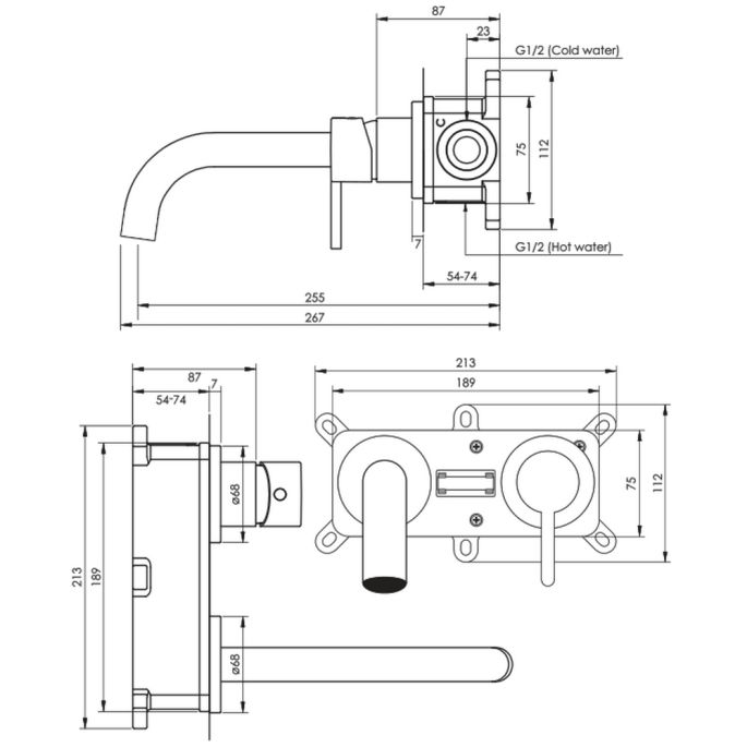Brauer Edition 5-S-004-B4-65 Unterputz-Waschtischbatterie mit geschwungenem Auslauf und Abdeckplatten Modell D1 mattschwarz