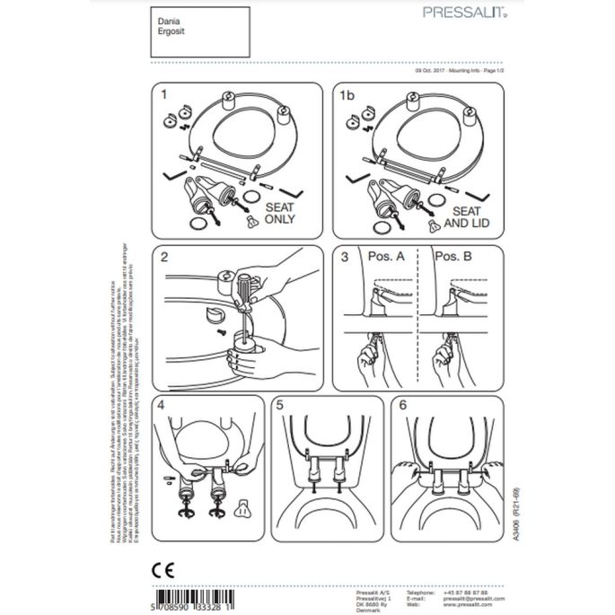 Pressalit Dania - Ergosit T9802 scharnier met doorlopende pen, 50mm verhoogd