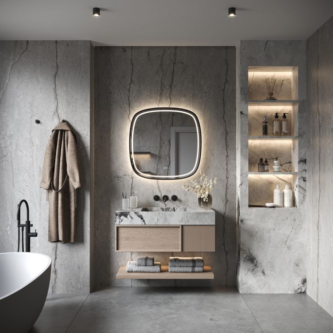 Phantom Mirrors Serie 008 008.80.80 Deens ovale LED spiegel op zwart frame, 80 cm met directe en indirecte led rondom