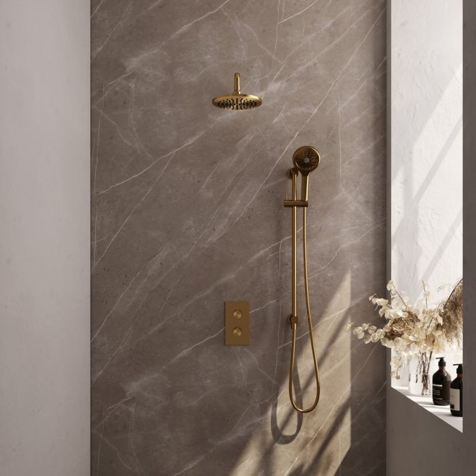 Brauer Carving 5-GG-141 thermostatische inbouw regendouche 3-weg omstelling SET 45 goud geborsteld PVD