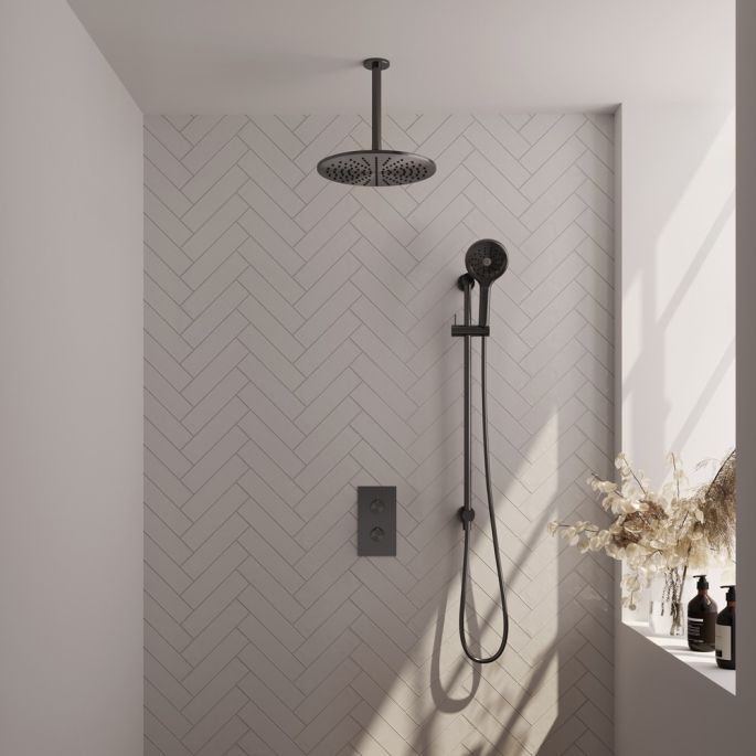 Brauer Carving 5-GM-144 thermostatische inbouw regendouche 3-weg omstelling SET 48 gunmetal geborsteld PVD