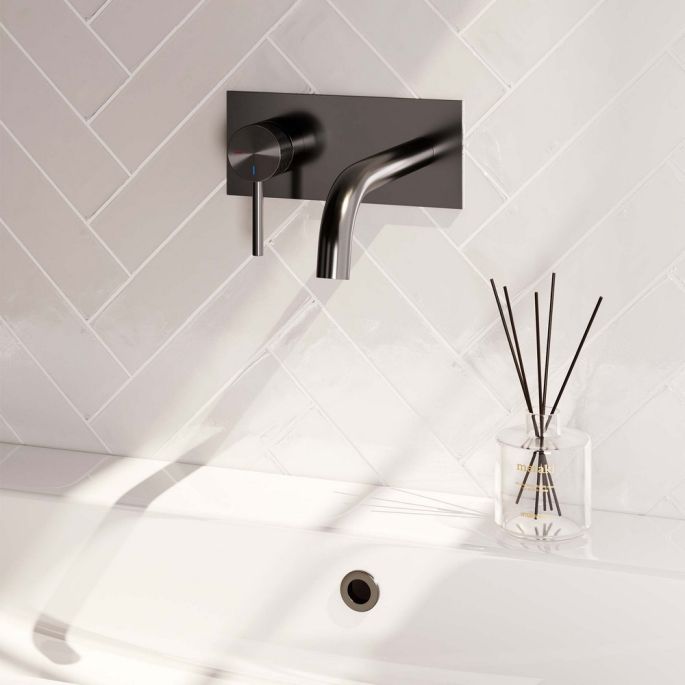 Brauer Carving 5-GM-083-B6 inbouw wastafelmengkraan met gebogen uitloop en afdekplaat model A2 gunmetal geborsteld PVD