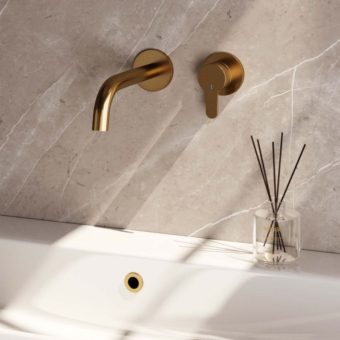 Brauer Edition 5-GG-004-B4-65 inbouw wastafelmengkraan met gebogen uitloop en rozetten model D1 goud geborsteld PVD