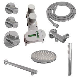 Brauer Carving 5-CE-097 thermostatic concealed rain shower SET 01 with 20 cm shower head and straight wall arm and rod hand shower and shower hose and wall connection elbow chrome