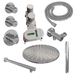 Brauer Carving 5-CE-098 thermostatic concealed rain shower SET 02 with 30 cm shower head and straight wall arm and rod hand shower and shower hose and wall connection elbow chrome