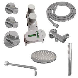 Brauer Carving 5-CE-099 thermostatic concealed rain shower SET 03 with 20 cm shower head and curved wall arm and rod hand shower and shower hose and wall connection elbow chrome