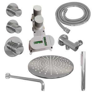 Brauer Carving 5-CE-100 thermostatic concealed rain shower SET 04 with 30 cm shower head and curved wall arm and rod hand shower and shower hose and wall connection elbow chrome