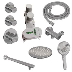 Brauer Carving 5-CE-103 thermostatic concealed rain shower SET 07 with 20 cm shower head and straight wall arm and 3-position hand shower and shower hose and wall connection elbow chrome
