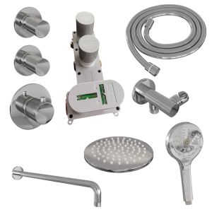 Brauer Carving 5-CE-105 thermostatic concealed rain shower SET 09 with 20 cm shower head and curved wall arm and 3-position hand shower and shower hose and wall connection elbow chrome