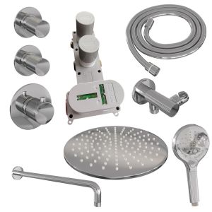 Brauer Carving 5-CE-106 thermostatische inbouw regendouche SET 10 met 30 cm douchekop en gebogen muurarm en 3-standen handdouche en doucheslang en wandaansluitbocht chroom