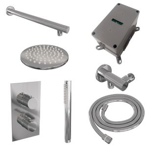 Brauer Carving 5-CE-121 thermostatic concealed rain shower 3-way diverter SET 25 with 20 cm shower head and straight wall arm and rod hand shower and shower hose and wall connector elbow chrome