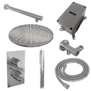 Brauer Carving 5-CE-122 thermostatic concealed rain shower 3-way diverter SET 26 with 30 cm shower head and straight wall arm and rod hand shower and shower hose and wall connector elbow chrome