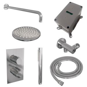 Brauer Carving 5-CE-123 thermostatic concealed rain shower 3-way diverter SET 27 with 20 cm shower head and curved wall arm and rod hand shower and shower hose and wall connector elbow chrome
