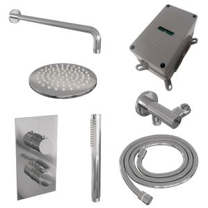 Brauer Carving 5-CE-123 thermostatische inbouw regendouche 3-weg omstelling SET 27 met 20 cm douchekop en gebogen muurarm en staaf handdouche en doucheslang en wandaansluitbocht chroom