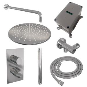 Brauer Carving 5-CE-124 thermostatic concealed rain shower 3-way diverter SET 28 with 30 cm shower head and curved wall arm and rod hand shower and shower hose and wall connector elbow chrome